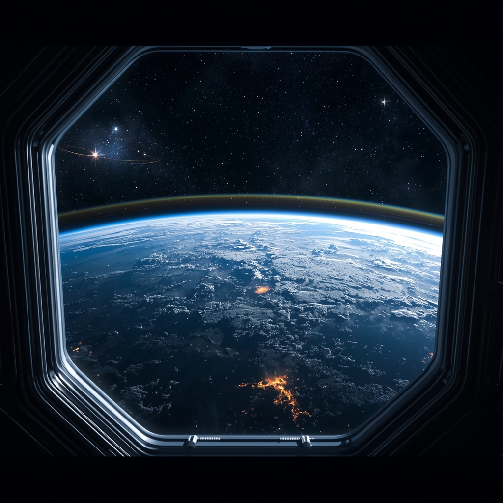 view of earth from space station window, stars and nebula in background, cinematic lighting, 8k resolution, photorealistic, no people